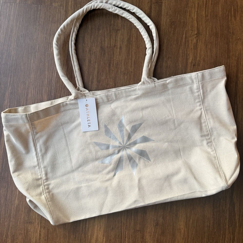 Athleta Tote Bag Gym Large Canvas Natural Silver Reusable Shopping Bag 18.5 x 13